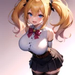 1girl Aymusk Belt Black Skirt Blonde Hair Blue Eyes Blush Bow Bowtie Breasts Curvy Elbow Gloves Fang Gloves Gradient Background, 337022358