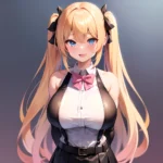 1girl Aymusk Belt Black Skirt Blonde Hair Blue Eyes Blush Bow Bowtie Breasts Curvy Elbow Gloves Fang Gloves Gradient Background, 3915304068