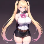 1girl Aymusk Belt Black Skirt Blonde Hair Blue Eyes Blush Bow Bowtie Breasts Curvy Elbow Gloves Fang Gloves Gradient Background, 4273673977