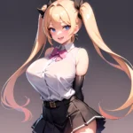1girl Aymusk Belt Black Skirt Blonde Hair Blue Eyes Blush Bow Bowtie Breasts Curvy Elbow Gloves Fang Gloves Gradient Background, 684059988
