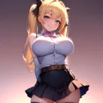 1girl Aymusk Belt Black Skirt Blonde Hair Blue Eyes Blush Bow Bowtie Breasts Curvy Elbow Gloves Fang Gloves Gradient Background, 728625079