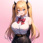 1girl Aymusk Belt Black Skirt Blonde Hair Blue Eyes Blush Bow Bowtie Breasts Curvy Elbow Gloves Fang Gloves Gradient Background, 751604356