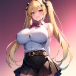 1girl Aymusk Belt Black Skirt Blonde Hair Blue Eyes Blush Bow Bowtie Breasts Curvy Elbow Gloves Fang Gloves Gradient Background, 832631581