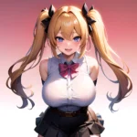 1girl Aymusk Belt Black Skirt Blonde Hair Blue Eyes Blush Bow Bowtie Breasts Curvy Elbow Gloves Fang Gloves Gradient Background, 863346921