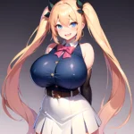 1girl Aymusk Belt White Skirt Blonde Hair Blue Eyes Blush Bow Bowtie Breasts Curvy Elbow Gloves Fang Gloves Gradient Background, 1082423170