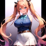 1girl Aymusk Belt White Skirt Blonde Hair Blue Eyes Blush Bow Bowtie Breasts Curvy Elbow Gloves Fang Gloves Gradient Background, 1245172755