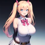 1girl Aymusk Belt White Skirt Blonde Hair Blue Eyes Blush Bow Bowtie Breasts Curvy Elbow Gloves Fang Gloves Gradient Background, 1361433837