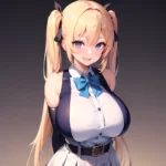 1girl Aymusk Belt White Skirt Blonde Hair Blue Eyes Blush Bow Bowtie Breasts Curvy Elbow Gloves Fang Gloves Gradient Background, 159551877
