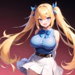 1girl Aymusk Belt White Skirt Blonde Hair Blue Eyes Blush Bow Bowtie Breasts Curvy Elbow Gloves Fang Gloves Gradient Background, 1821599409