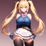 1girl Aymusk Belt White Skirt Blonde Hair Blue Eyes Blush Bow Bowtie Breasts Curvy Elbow Gloves Fang Gloves Gradient Background, 3302567382