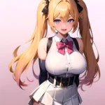 1girl Aymusk Belt White Skirt Blonde Hair Blue Eyes Blush Bow Bowtie Breasts Curvy Elbow Gloves Fang Gloves Gradient Background, 3316058024