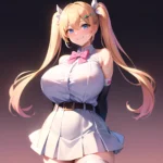 1girl Aymusk Belt White Skirt Blonde Hair Blue Eyes Blush Bow Bowtie Breasts Curvy Elbow Gloves Fang Gloves Gradient Background, 3528470901