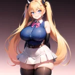 1girl Aymusk Belt White Skirt Blonde Hair Blue Eyes Blush Bow Bowtie Breasts Curvy Elbow Gloves Fang Gloves Gradient Background, 3937355141
