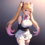 1girl Aymusk Belt White Skirt Blonde Hair Blue Eyes Blush Bow Bowtie Breasts Curvy Elbow Gloves Fang Gloves Gradient Background, 4043676873