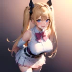 1girl Aymusk Belt White Skirt Blonde Hair Blue Eyes Blush Bow Bowtie Breasts Curvy Elbow Gloves Fang Gloves Gradient Background, 524184569