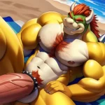 Bowser Laying On The Beach Yellow Skin Laying On A Towel Nude Beach Big Balls Big Penis Nipples Veins Muscles, 3693648774