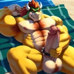 Bowser Laying On The Beach Yellow Skin Laying On A Towel Nude Beach Big Balls Big Penis Nipples Veins Muscles, 3969459738