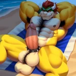 Bowser Laying On The Beach Yellow Skin Laying On A Towel Nude Beach Big Balls Big Penis Nipples Veins Muscles, 505381740