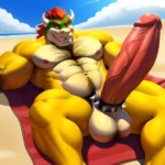 Bowser Laying On The Beach Yellow Skin Laying On A Towel Nude Beach Big Balls Big Penis Nipples Veins Muscles, 546963820
