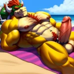 Bowser Laying On The Beach Yellow Skin Laying On A Towel Nude Beach Big Balls Big Penis Nipples Veins Muscles, 901206810