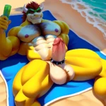 Bowser Laying On The Beach Yellow Skin Laying On A Towel Nude Beach Sunglasses Big Balls Uncircumcised Penis Nipples Veiny, 3662358173