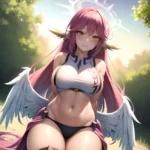 Jibril Anime Absurdres Long Hair Pink Hair Halo Large Breasts Symbol Shaped Pupils Tattoo Cleavage Sideboob Midriff Asymmetrical, 2388057546