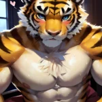 Kemono Bara Solo Anthro Male Tiger Golden Body Sitting Posing Naked Big Penis Sweat Drops Very Huge Muscles Very Large, 1772825640