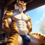 Kemono Bara Solo Anthro Male Tiger Golden Body Sitting Posing Thong Big Bulge Sweat Drops Very Huge Muscles Very Large, 3972317703