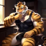 Kemono Bara Solo Anthro Male Tiger Golden Body Sitting Posing Thong Big Bulge Sweat Drops Very Huge Muscles Very Large, 571976278
