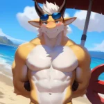 Male Anthro Muscle Kemono Dragon Penis Yellow Body Blush Lifeguard Sunglasses Beach White Mane Horns Chunie Meesh Kiyosan Sigma, 4243045982