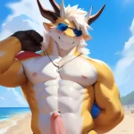 Male Anthro Muscle Kemono Dragon Penis Yellow Body Blush Lifeguard Sunglasses Beach White Mane Horns Chunie Meesh Kiyosan Sigma, 586493671