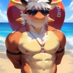 Male Anthro Muscle Kemono Dragon Penis Yellow Body Blush Red Swimwear Lifeguard Sunglasses Beach Half Length Portrait White Mane, 2676330532
