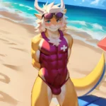 Male Anthro Muscle Kemono Dragon Penis Yellow Body Blush Red Swimwear Lifeguard Sunglasses Beach Half Length Portrait White Mane, 3205928912