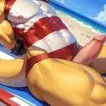 Male Anthro Muscle Kemono Dragon Penis Yellow Body Blush Red Swimwear Lifeguard Sunglasses Beach White Mane Horns By Zackary911, 459807895