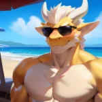 Male Anthro Muscle Kemono Dragon Penis Yellow Body Blush Sunglasses Beach White Mane Horns Chunie Meesh Kiyosan Sigma X Bara, 2169064495