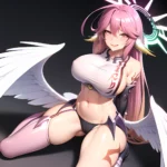 Ngnl Jibril Jibril Anime Absurdres Long Hair Pink Hair Halo Large Breasts Symbol Shaped Pupils Tattoo Cleavage Low Wings Gloves, 1574639188