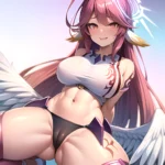 Ngnl Jibril Jibril Anime Absurdres Long Hair Pink Hair Halo Large Breasts Symbol Shaped Pupils Tattoo Cleavage Low Wings Gloves, 382674274