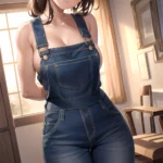 Sexy Overalls Half Naked One Shoulder Side Down Exposing One Breast Absurdres Blush 1 1 Highres Detail Masterpiece Best Quality, 1485178916