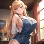 Sexy Overalls Half Naked One Shoulder Side Down Exposing One Breast Absurdres Blush 1 1 Highres Detail Masterpiece Best Quality, 2657294903