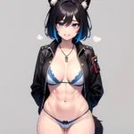 Solo 1girl Abs Animal Ears Aria Crystalplanet00 Bbc Chan Biting Black Hair Black Sclera Blue Eyes Breasts Colored Sclera Cropped, 1453734455