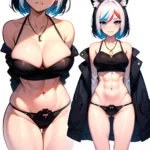 Solo 1girl Abs Animal Ears Aria Crystalplanet00 Bbc Chan Biting Black Hair Black Sclera Blue Eyes Breasts Colored Sclera Cropped, 1887583468