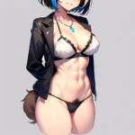 Solo 1girl Abs Animal Ears Aria Crystalplanet00 Bbc Chan Biting Black Hair Black Sclera Blue Eyes Breasts Colored Sclera Cropped, 327408491