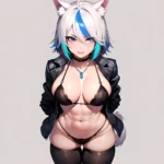 Solo 1girl Abs Animal Ears Aria Crystalplanet00 Bbc Chan Biting Black Hair Black Sclera Blue Eyes Breasts Colored Sclera Cropped, 3652107617