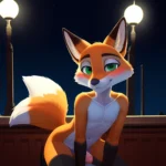 Solo Male Fox Anthro Zootopia Style Sitting Down Detailed Background Furry Slim Smiling Balls Sheath Soft Shading Nighttime Gree, 1077973449