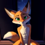 Solo Male Fox Anthro Zootopia Style Sitting Down Detailed Background Furry Slim Smiling Balls Sheath Soft Shading Nighttime Gree, 2602196235