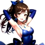 1girl Absurdres Armpits Arms Up Ayase Honoka Black Gloves Blue Bow Blue Dress Blush Bow Breasts Brown Eyes Brown Hair, 1103798644
