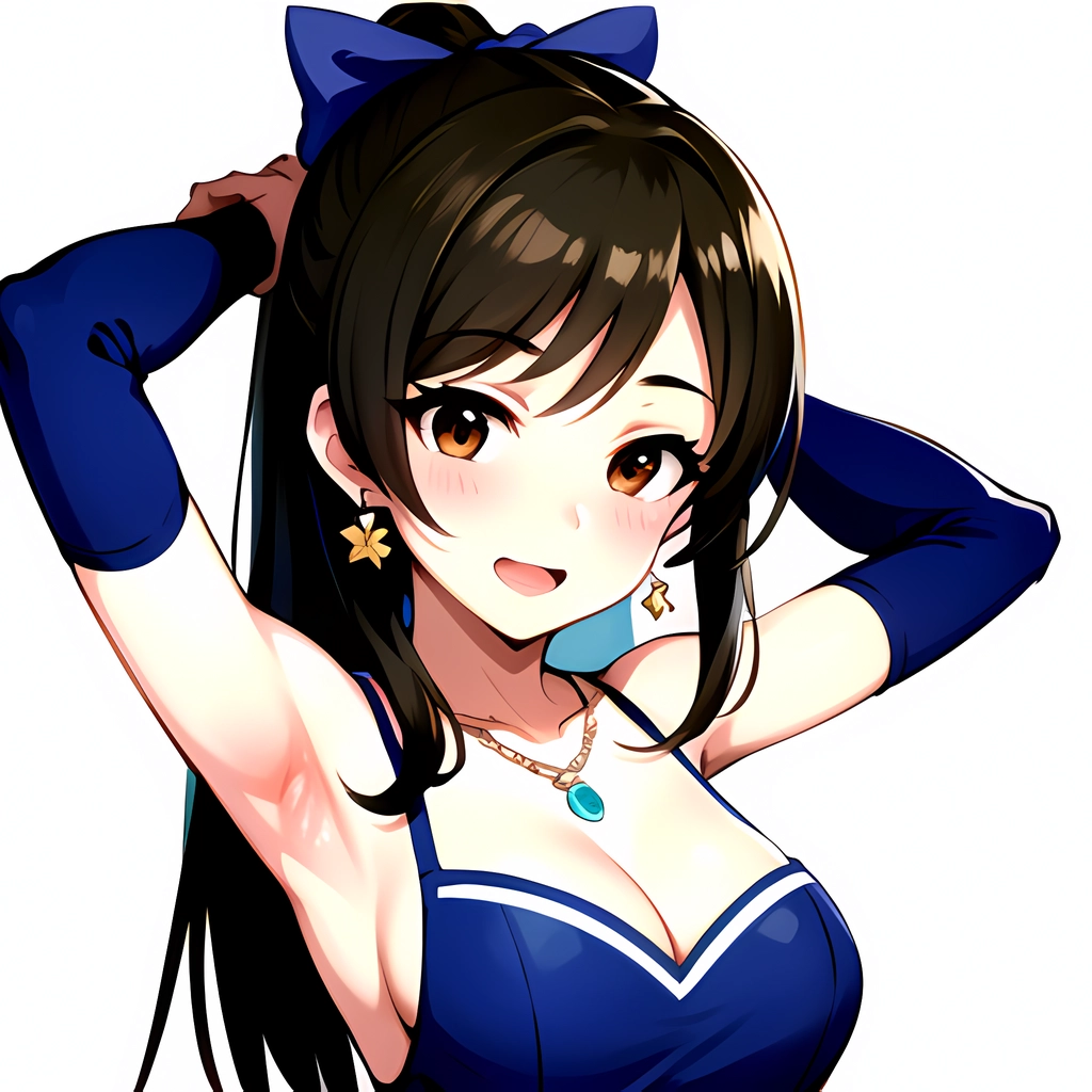 1girl Absurdres Armpits Arms Up Ayase Honoka Black Gloves Blue Bow Blue Dress Blush Bow Breasts 4848