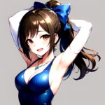 1girl Absurdres Armpits Arms Up Ayase Honoka Black Gloves Blue Bow Blue Dress Blush Bow Breasts Brown Eyes Brown Hair, 2252444374
