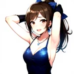 1girl Absurdres Armpits Arms Up Ayase Honoka Black Gloves Blue Bow Blue Dress Blush Bow Breasts Brown Eyes Brown Hair, 688414129