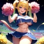 1girl Absurdres Blue Skirt Bluefrok Breasts Cheerleader Dragon Girl Dragon Horns Highres Holding Holding Pom Poms Horns Huge Bre, 1017286963